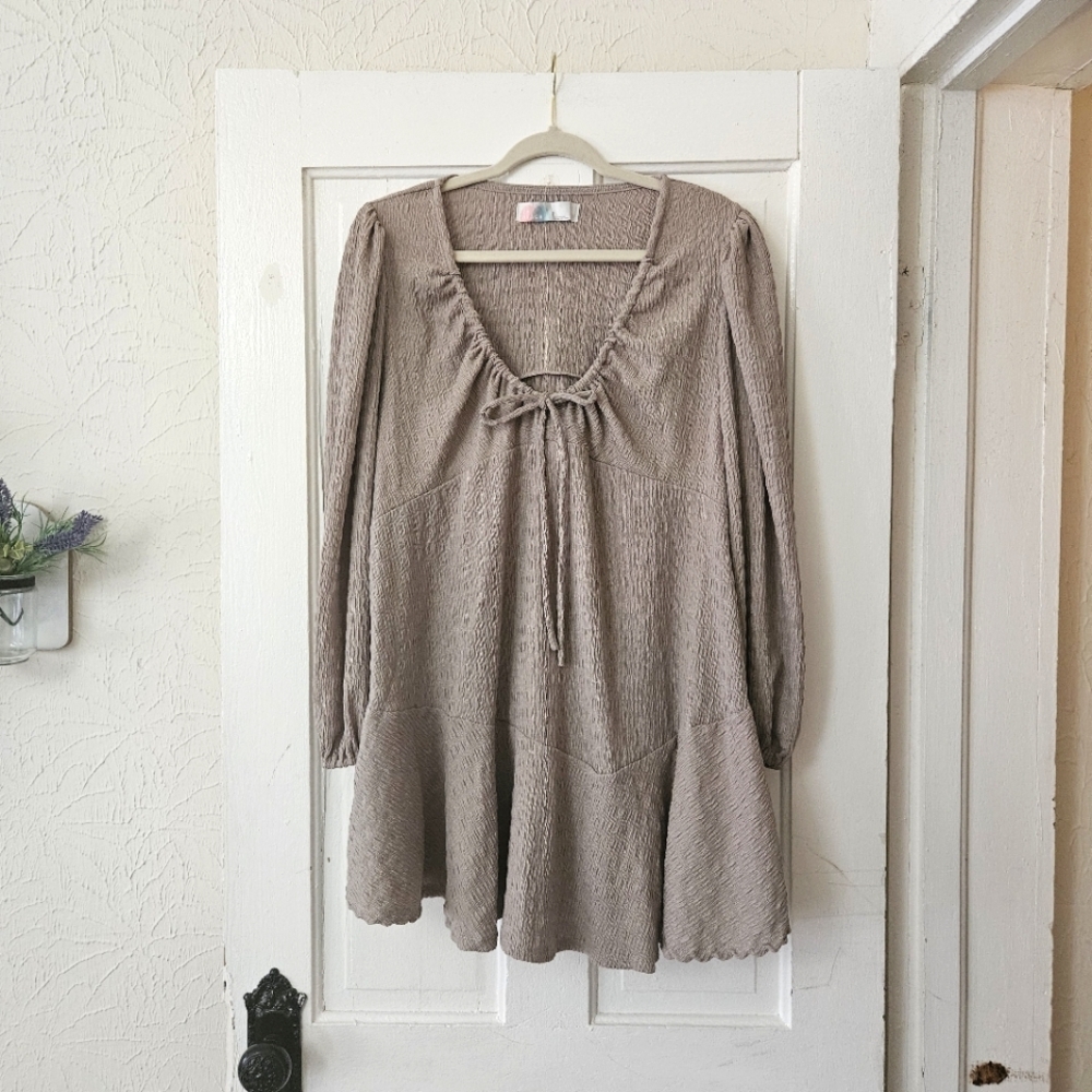 Free People FP Beach Tan Oversized 3/4 Sleeve Mini Dress Size Small, Boho, Flowy